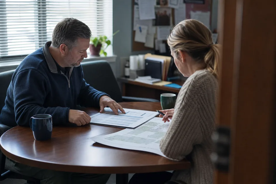 Facilities director and procurement officer comparing a software quote with a campus map