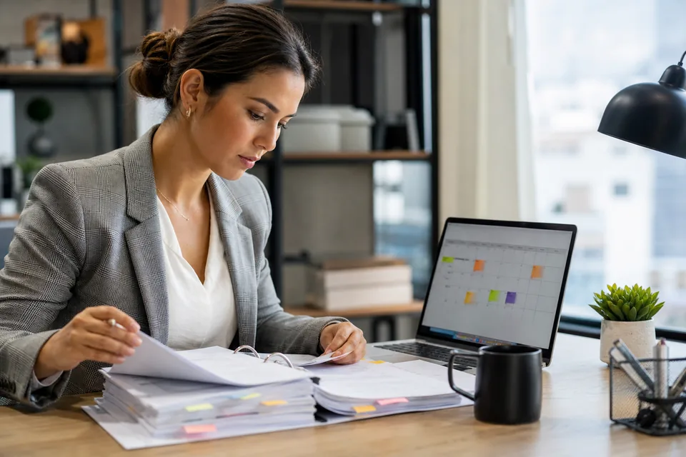 Lease administrator reviewing a commercial lease binder next to a laptop calendar of highlighted lease dates