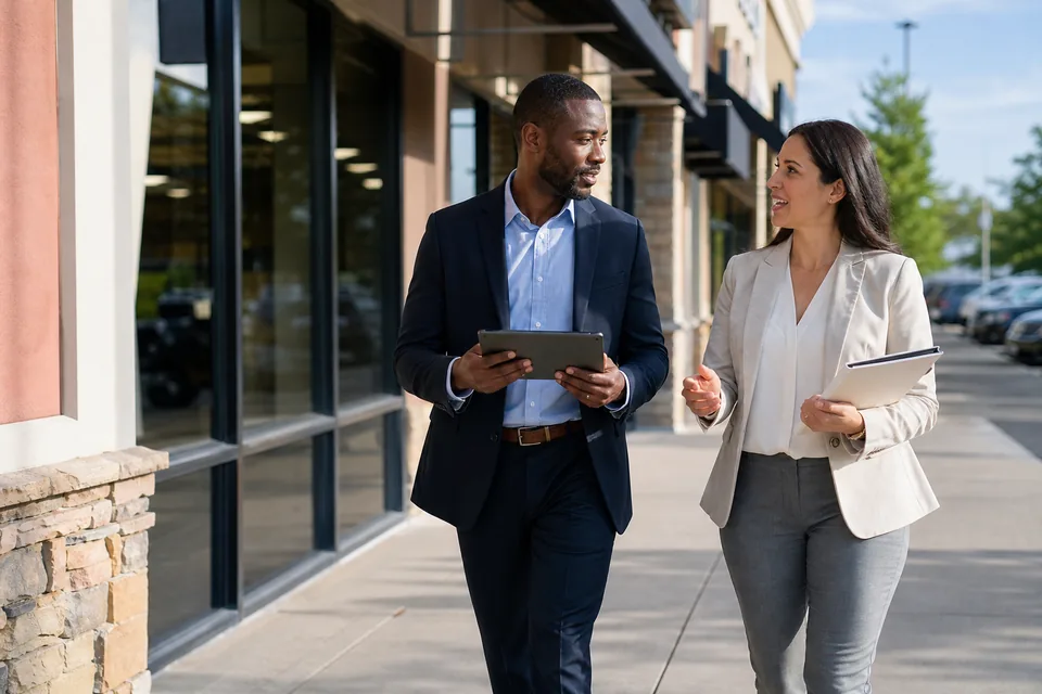Landlord and property manager walking a retail strip center with a tablet and a folder of tenant leases