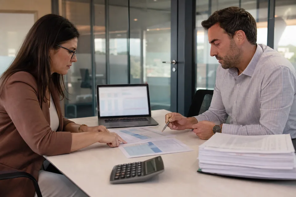 Controller and finance analyst comparing printed software quotes next to a laptop spreadsheet and a stack of leases