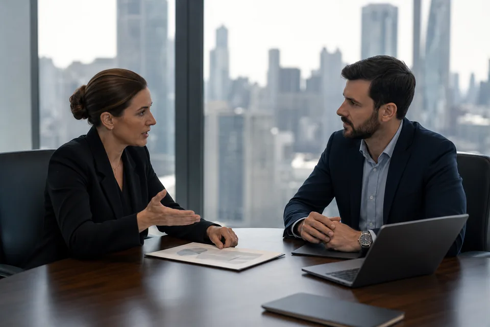 Procurement manager and real estate director reviewing a printed software contract in a boardroom