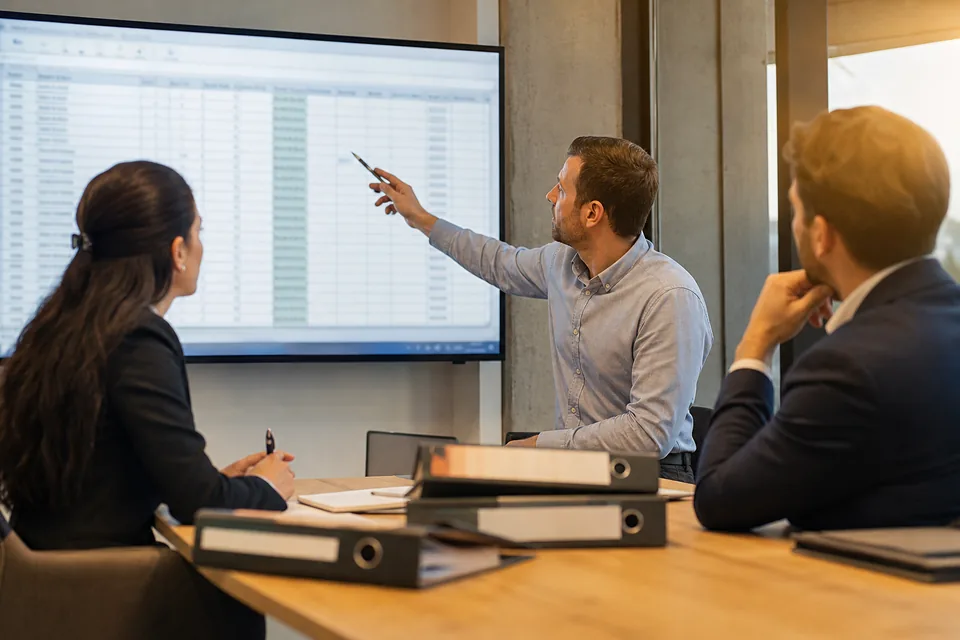 Implementation team reviewing a lease data import spreadsheet on a large monitor